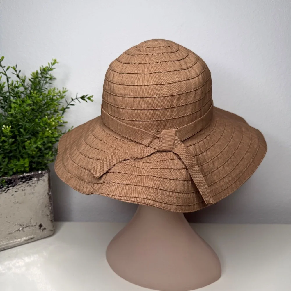 Scala Sun Hat Womens Tan Wide Brim Bow‎ Ribbed Packable Coastal OS